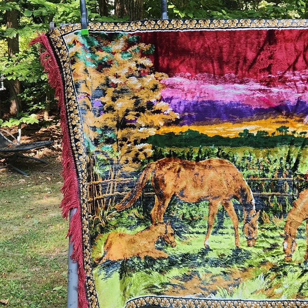 Vintage Large western Equestrian Woven wall hanging or throw rug With Fringe